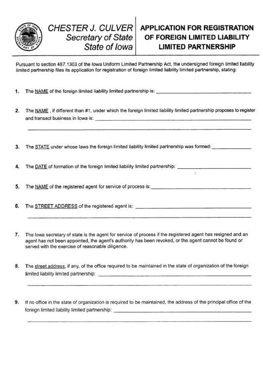 Application For Registration Of Foreign Limited Liability Limited Partnership - Iowa Secretary Of State Form Printable pdf