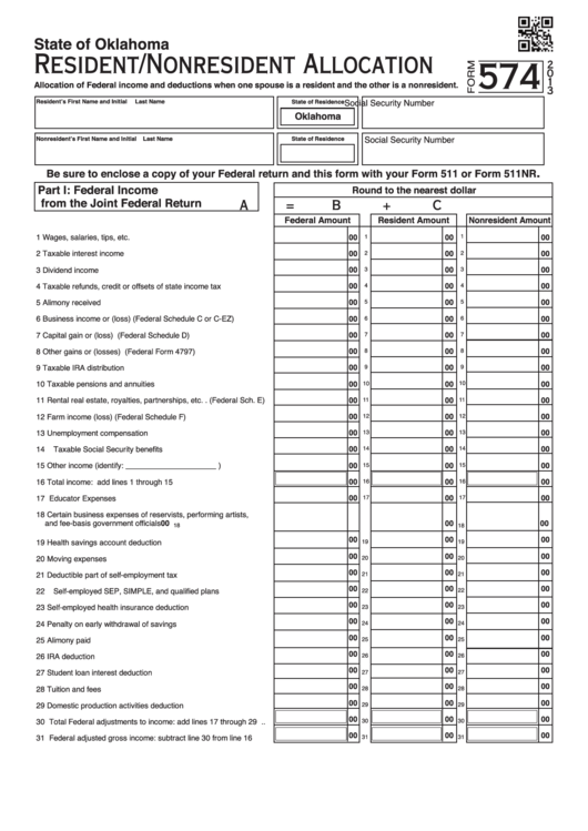 Fillable Form 574 - Resident/nonresident Allocation - 2013 Printable pdf