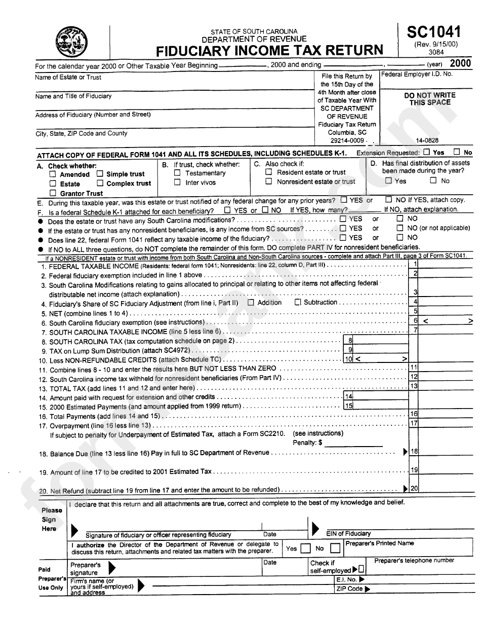 Form Sc1041 - Fiduciary Income Tax Return 2000