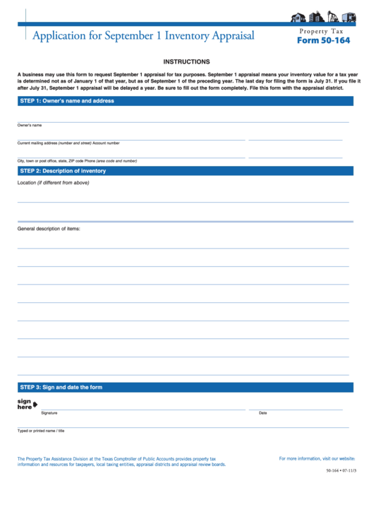 Fillable Form 50-164 - Application For September 1 Inventory Appraisal - 2011 Printable pdf
