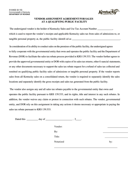 Form 51a402 - Vendor Assignment Agreement For Sales At A Qualifying Public Facility - 2010 Printable pdf
