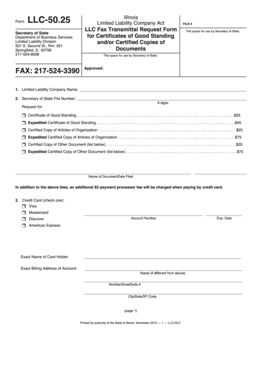 Fillable Form Llc-50.25 - Llc Fax Transmittal Request Form For Certificates Of Good Standing And/or Certified Copies Of Documents - 2010 Printable pdf