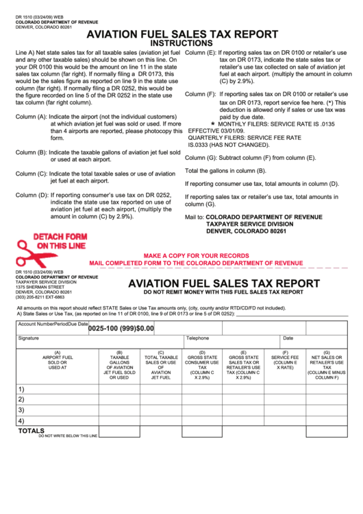Fillable Form Dr 1510 - Aviation Fuel Sales Tax Report - Colorado Department Of Revenue Printable pdf