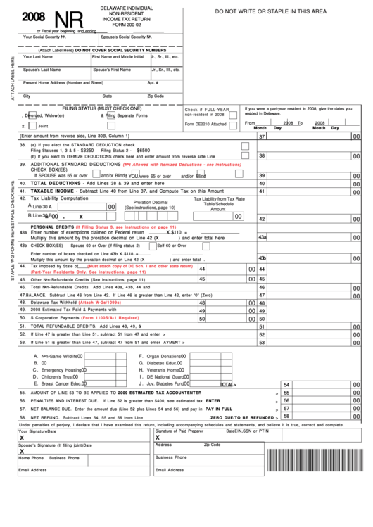 Fillable Form 200-02 - Delaware Individual Non-Resident Income Tax Return - 2008 Printable pdf