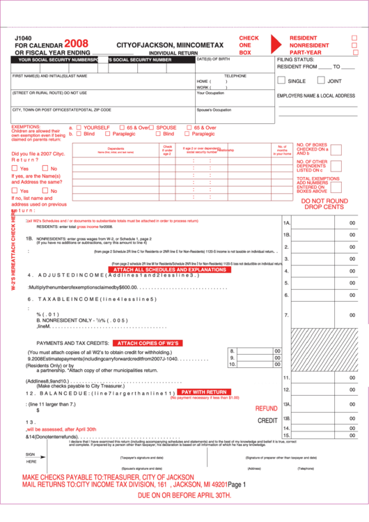 Form J1040 - Income Tax Individual Return - City Of Jackson - 2008 Printable pdf