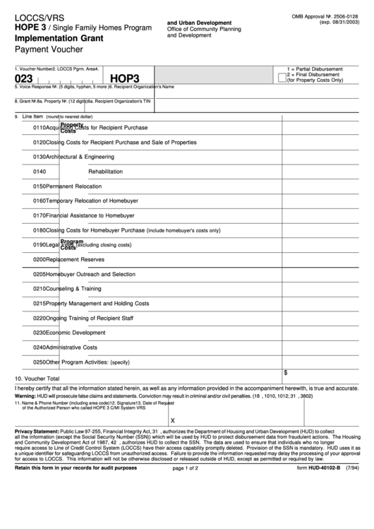 Form Hud-40102-B - Implementation Grant Payment Voucher Printable pdf