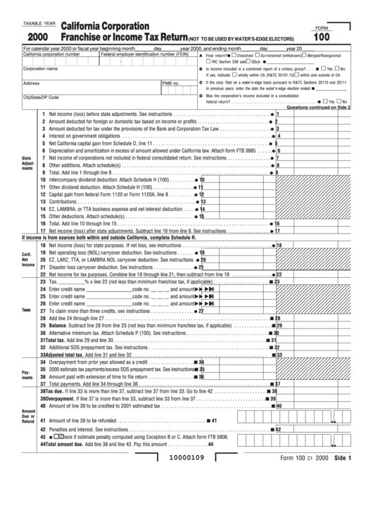 Form 100 - California Corporation Franchise Or Income Tax Return - 2000 Printable pdf