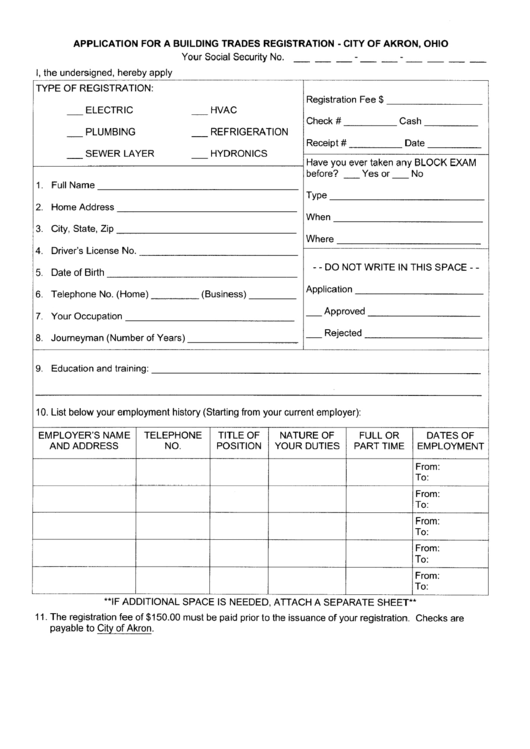 Application For A Building Trades Registration - City Of Akron Printable pdf