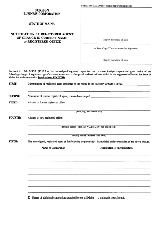 Form Mbca-12d - Notification By Registered Agent Of Change In Current Name Or Registered Office For A Foreign Business Corporation Printable pdf