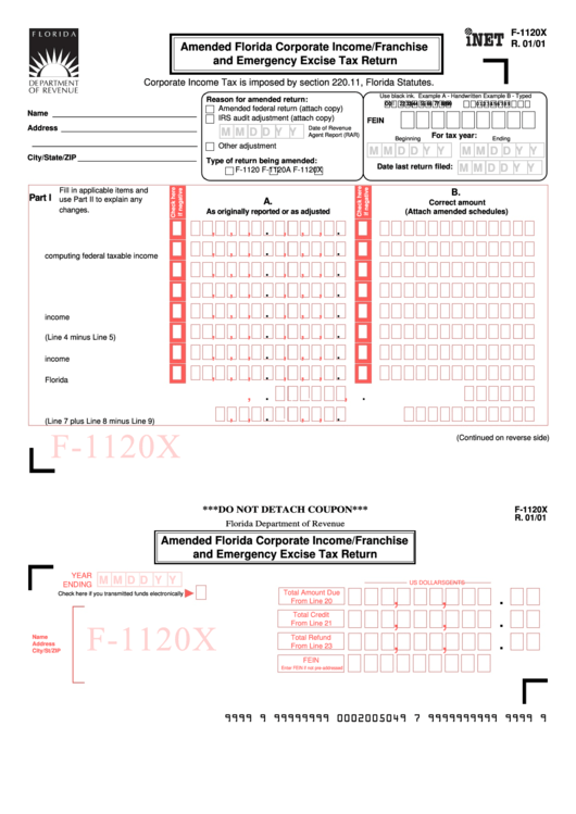 Form F-1120x - Amended Florida Corporate Income/franchise And Emergency Excise Tax Return 2001 Printable pdf
