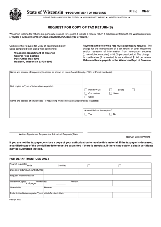 Fillable Form P-521 - Request For Copy Of Tax Return(S) - Wisconsin Department Of Revenue Printable pdf