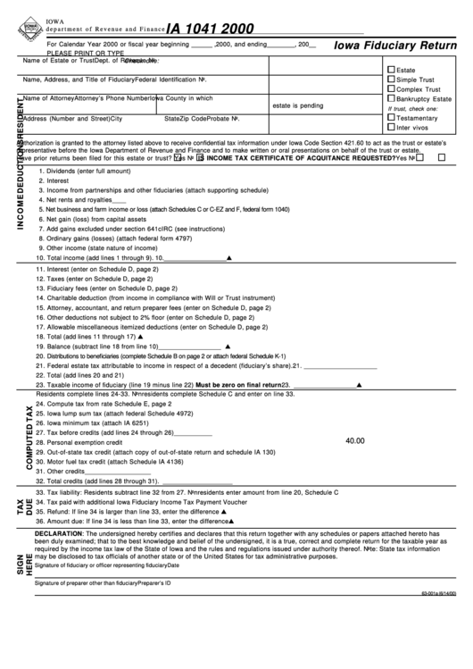 Form Ia 1041 - Iowa Fiduciary Return - 2000 Printable pdf