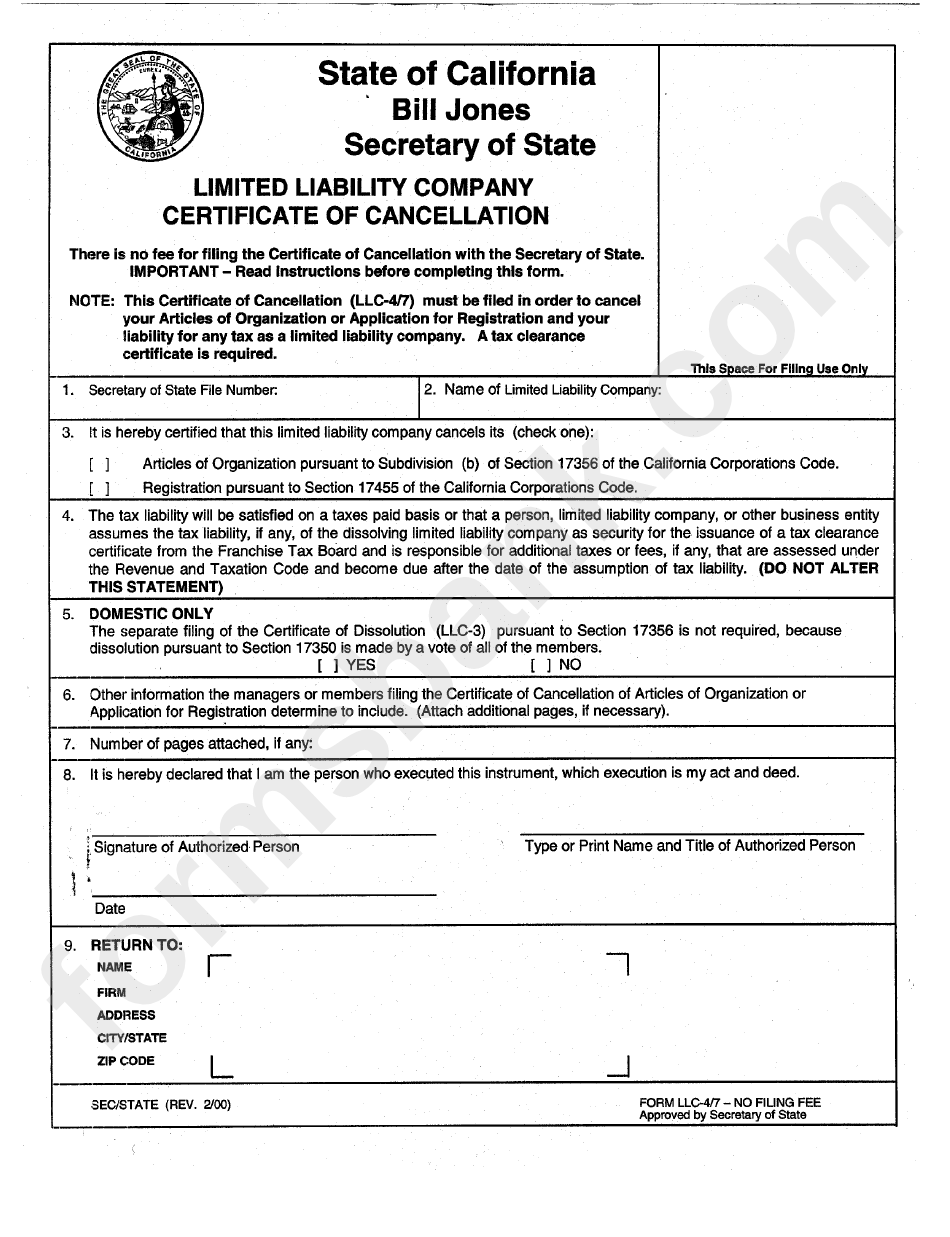 Form Llc-4/7 - Certificate Of Cancellation For A Limited Liability Company - California Secretary Of State