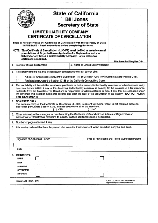 Form Llc 4/7 Certificate Of Cancellation For A Limited Liability
