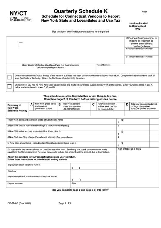 Form Op-284q Quarterly Schedule K - Schedule For Connecticut Vendors To Report New York State And Local Sales And Use Tax Printable pdf