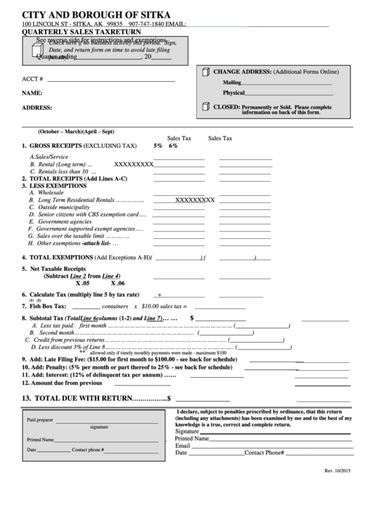 Fillable Quarterly Sales Tax Return - City And Borough Of Sitka ...