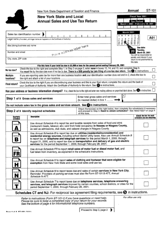 Form St-101 - New York State And Local Annual Sales And Use Tax Return Printable pdf
