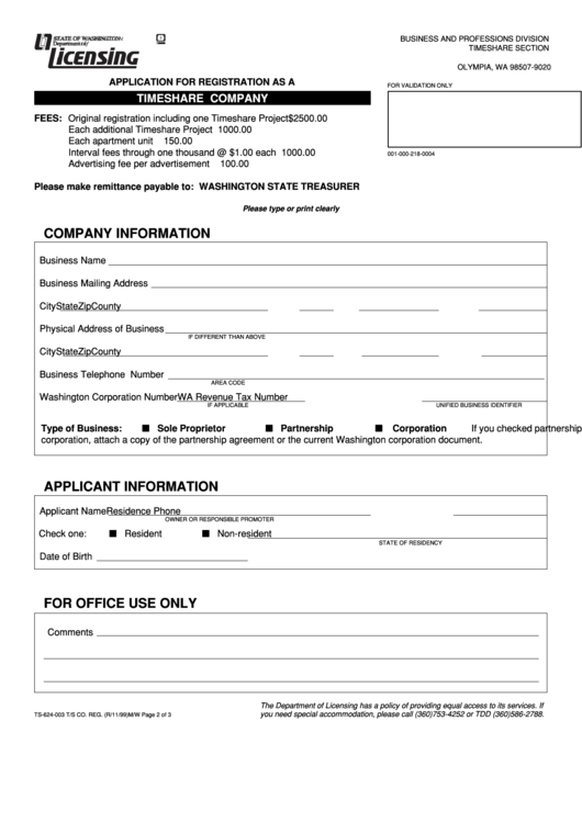 Form Ts-624-003 - Application For Registration As A Timeshare Company Printable pdf