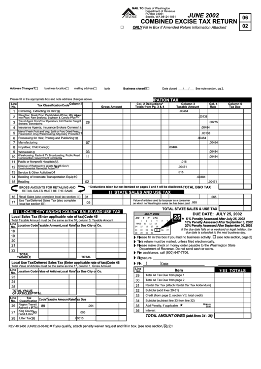 State Of Washington Combined Excise Tax Return - 2002 Printable pdf
