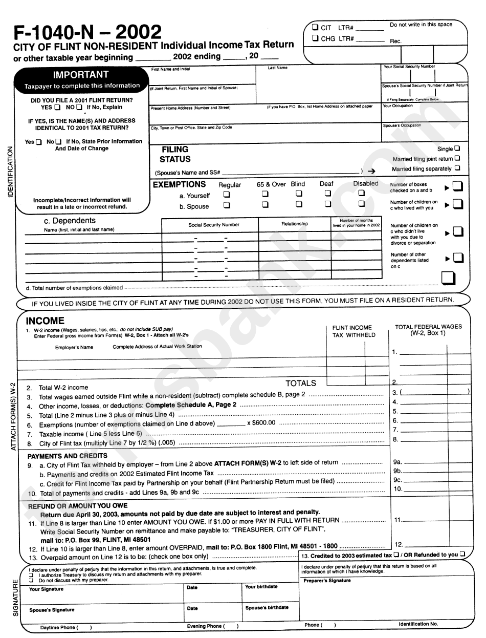 Form F-1040-N -City Of Flint Non-Resident Individual Income Tax Return - 2002