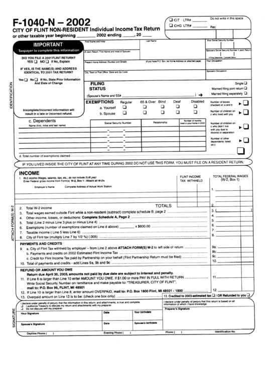 Form F-1040-N -City Of Flint Non-Resident Individual Income Tax Return - 2002 Printable pdf