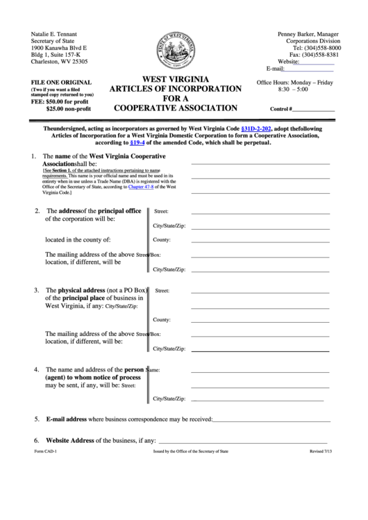 Fillable Form Cad-1 - Articles Of Incorporation For A Cooperative Association - 2013 Printable pdf