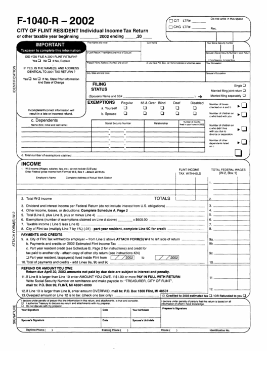 Form F-1040-R -City Of Flint Resident Individual Income Tax Return - 2002 Printable pdf