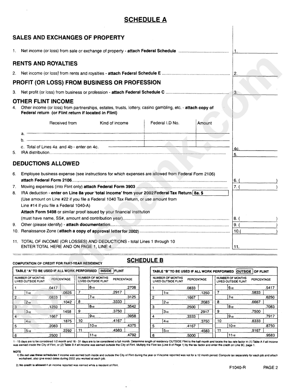 Form F-1040-R -City Of Flint Resident Individual Income Tax Return - 2002