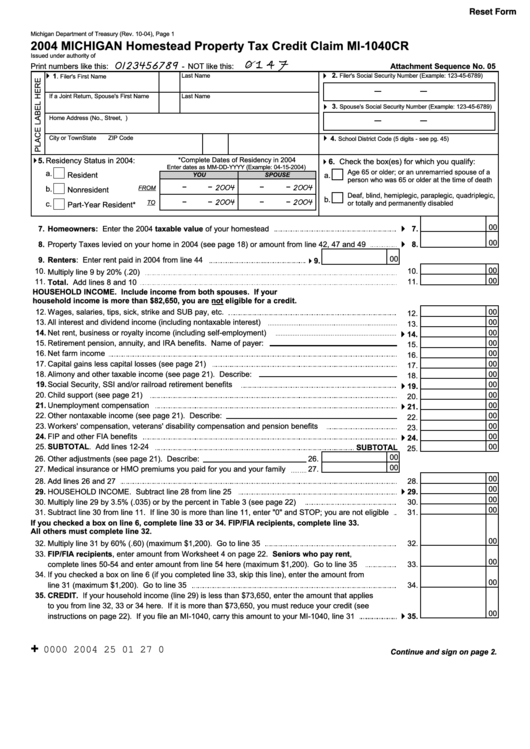 Fillable Form Mi-1040cr - Homestead Property Tax Credit Claim - 2004 Printable pdf
