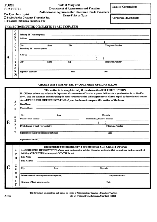 Form Sdat Eft-1 - Authorization Agreement For Electronic Funds Transfers Printable pdf