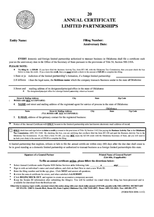 Fillable Annual Certificate Limited Partnerships - Oklahoma Secretary Of State Printable pdf