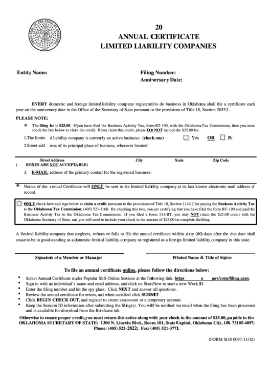 Fillable Annual Certificate Limited Liability Company - Oklahoma Secretary Of State Printable pdf