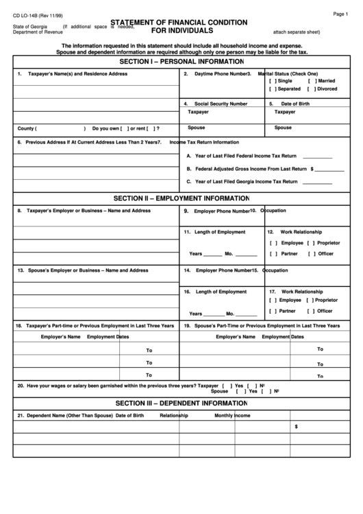 Form Cd Lo-14b - Statement Of Financial Condition For Individuals - Georgia Department Of Revenue Printable pdf