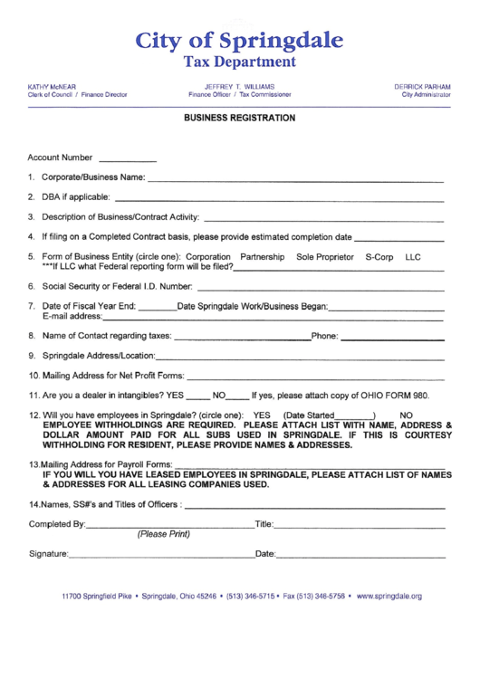 Busines Registration - City Of Springdale - Tax Departmnent Printable pdf