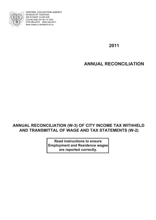 Annual Reconciliation (W-3) Of City Income Tax Withheld And Transmittal Of Wage And Tax Statements (W-2) Printable pdf