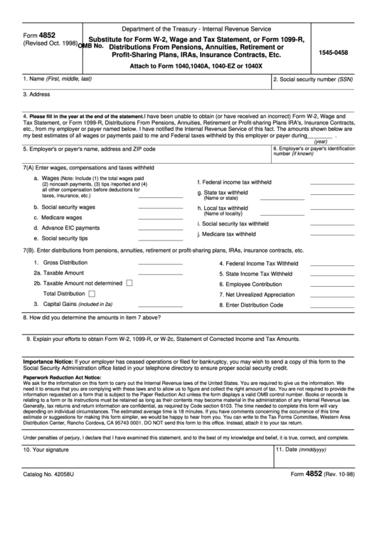 Fillable Form 4852 - Substitute For Form W-2, Wage And Tax Statement, Or Form 1099-R, Distributions From Pensions, Annuities, Retirement Or Profit-Sharing Plans, Iras, Insurance Contracts, Etc. Printable pdf