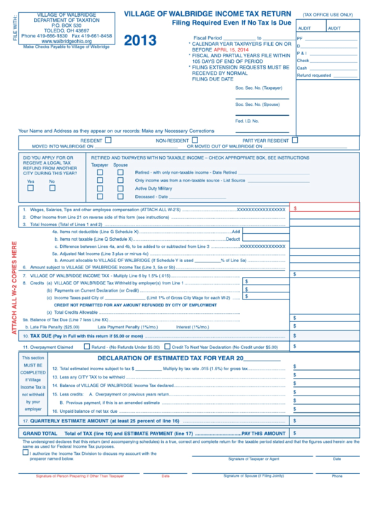 Village Of Walbridge Income Tax Return - 2013 Printable pdf