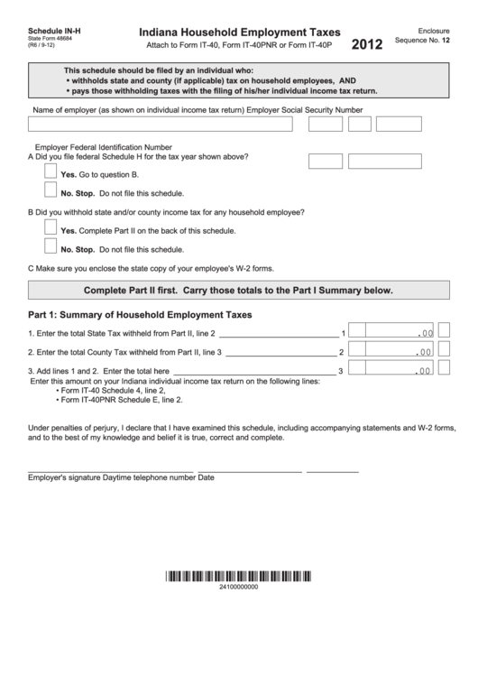 Fillable Form 48684 - Schedule In-H - Indiana Household Employment Taxes - 2012 Printable pdf