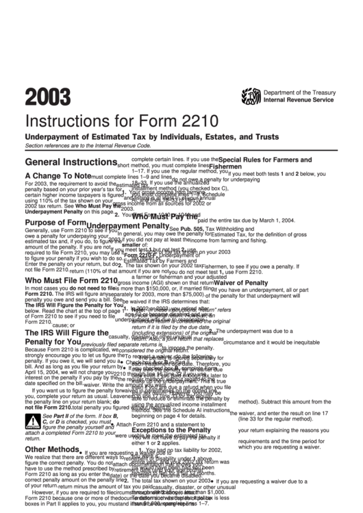 Instructions For Form 2210 - Underpayment Of Estimated Tax By Individuals, Estates, And Trusts - 2003 Printable pdf