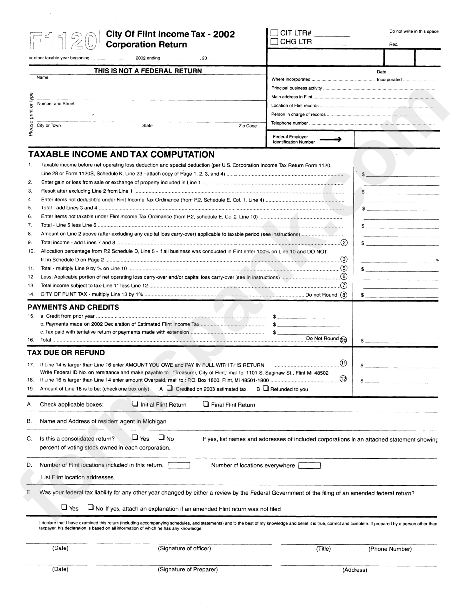 Form F1120 - City Of Flint Income Tax-2002 Corporation Return