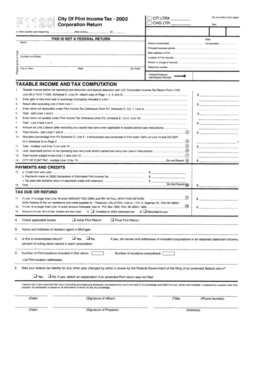 Form F1120 - City Of Flint Income Tax-2002 Corporation Return Printable pdf