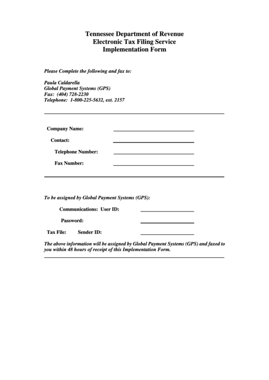 Implementation Form - Tennessee Department Of Revenue Printable pdf