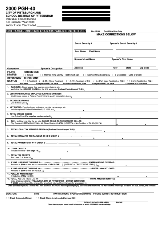 Form Pgh-40 - Individual Earned Income/form Wtex - Non-Resident Exemption Certificate - 2000 Printable pdf