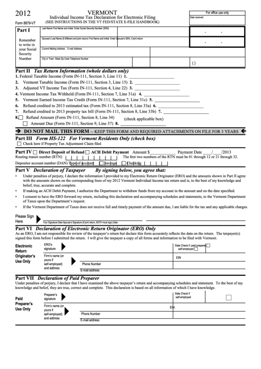 Form 8879-Vt - Individual Income Tax Declaration For Electronic Filing - 2012 Printable pdf