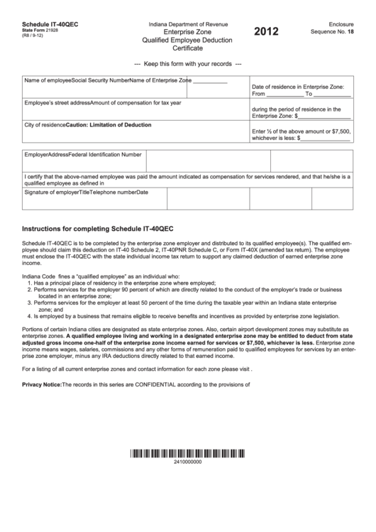 State Form 21928 - Schedule It-40qec - Enterprise Zone Qualified Employee Deduction Certificate - 2012 Printable pdf