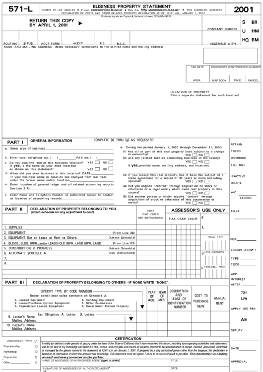 Form 571-L - Business Property Statement - 2001 Printable pdf