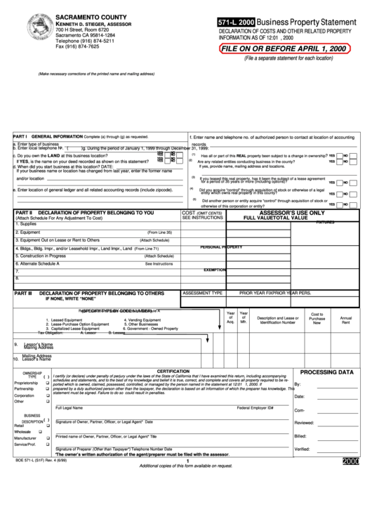 Form 571-L - Business Property Statement - 2000 Printable pdf