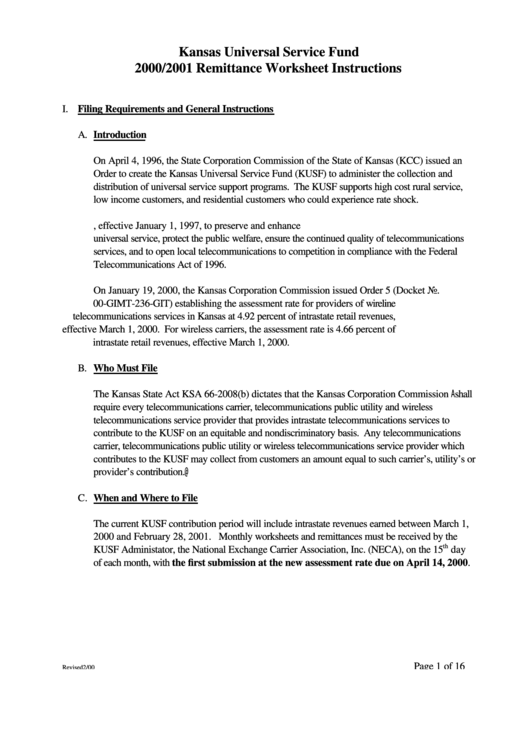 2000/2001 Remittance Worksheet Instructions - Kansas Universal Service Fund Printable pdf