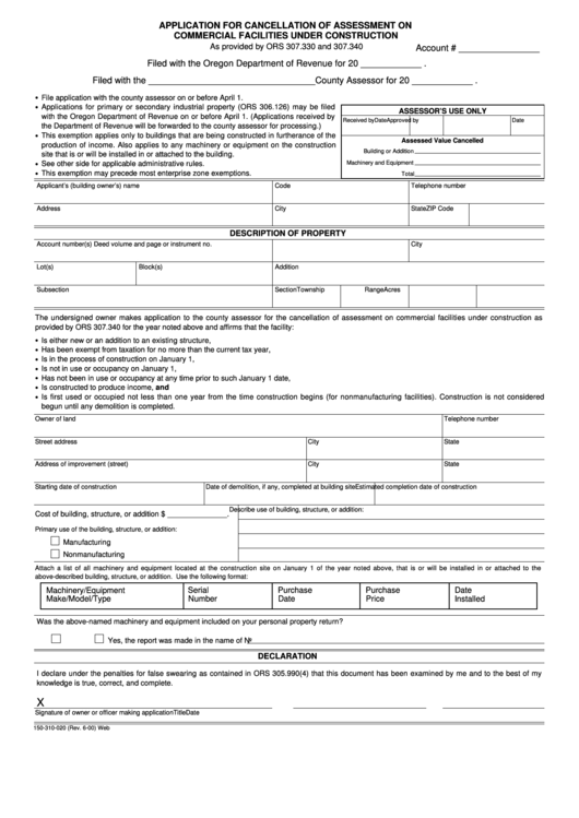 Form 150-310-020 - Application For Cancellation Of Assessment On Commercial Facilities Under Construction Printable pdf