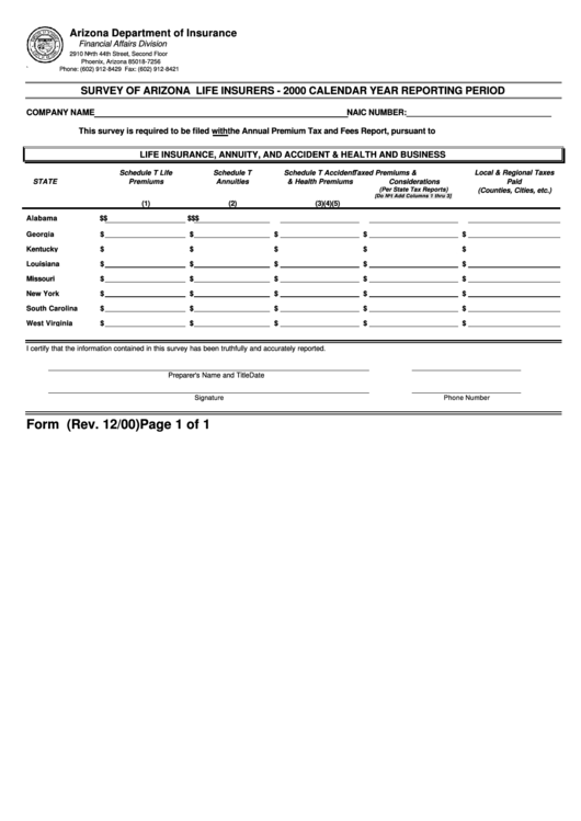 Form E-Survey.life - Survey Of Arizona Life Insurers - 2000 Printable pdf